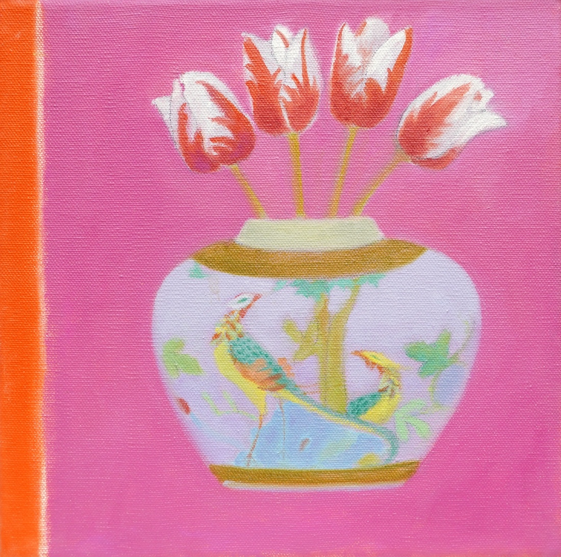 Janet Tod (Contemporary), oil on canvas, Still life of tulips in a vase, signed verso, 25.5 x 25.5cm. Condition - good